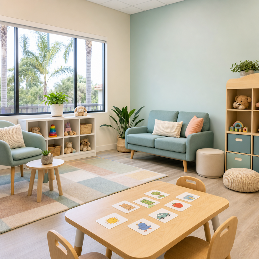 Modern pediatric speech therapy clinic interior with bright natural light, palm trees visible outside the window, wooden play table with picture cards, soft toys on shelves